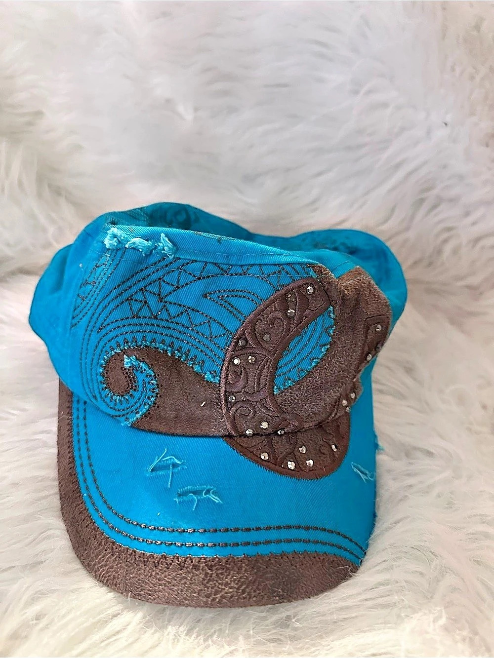 Savana Y2K Turquoise Rhinestone Cross Distressed Western Hat